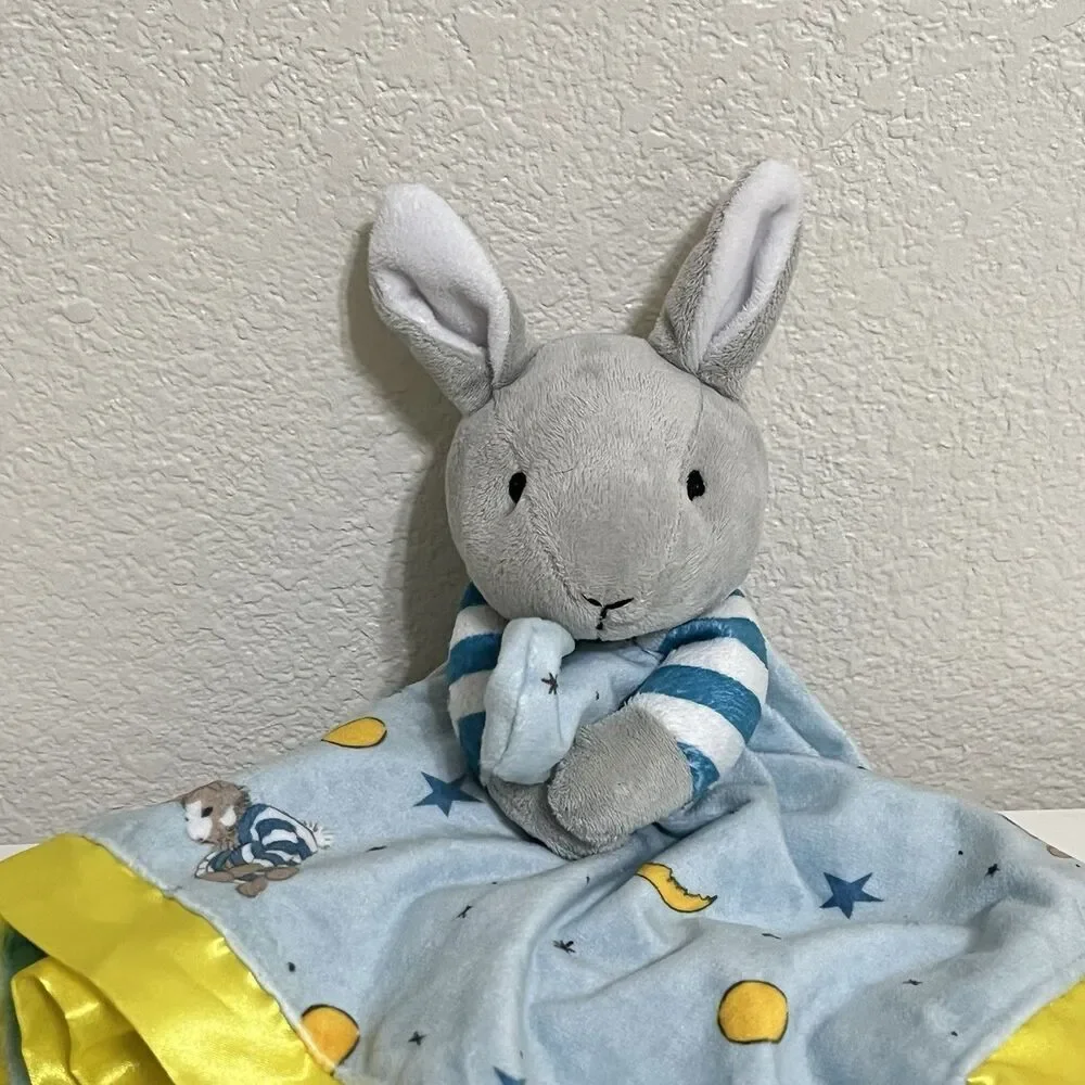 Goodnight Moon Bunny Security Blanket Lovey Lovie Blankie Blue Satin Trim